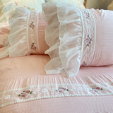 Taooba Christmas Gift Pink Korean Princess Style Lace Ruffles Wedding Bedding Set Seersucker Washed Cotton Soft Duvet Cover Set Bed Sheet Pillowcases