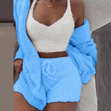 Taooba Christmas Gift outfit  Autumn Velvet Three Piece Suit Outfits Sexy Women White Matching Set Crop Top And Shorts Lounge Home Wear Pijama Oversize Winter