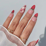 Taooba Christmas nail 24Pcs Short Round Head Pink Fake Nails with Rose Flowers leaf Pattern Wearable Almond False Nail Full Cover Press on Nails Tips