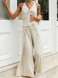 Taooba- Two Piece White Drawstring Short Sleeved Top Wide Leg Slit Trousers Suit