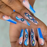 Taooba Christmas Nail  24Pcs False Nails Long Coffin Ballet French with Rhinestones Wearable Fake Nails Blue Flower Full Cover Press on Nails Tips Art