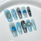 Taooba Christmas Nail  10Pcs Blue Handmade Butterfly Press on Nails Long False Nails Decoration with Rhinestones French Wearable Fake Nails Tips Art