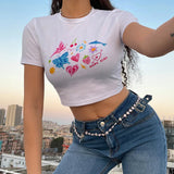 Taooba Christmas Gift outfit -Y2K baby Summer Skinny Women Graphic T Shirts Navel Trend Print Stretchy Short Sleeve Kawaii Crop Top Streetwear Tees Aesthetic