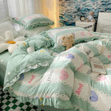 Taooba-Lovely Princess Flower Print Ruffles Bedding Set 100% Cotton Cute Girls Duvet Cover Set with Bed Sheet Kawaii Bedding Sets Soft