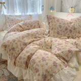 Taooba Christmas Gift Bedding Set Korean Style 2024 New  Small Floral Water Washed Cotton Lace Duvet Cover Set Queen Size