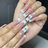 Taooba Christmas Nail  24Pcs Pink False Nails Long Coffin Fake Nails Star with French Designs Wearable Ballet Press on Nails Full Cover Nail Tips Art