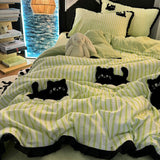 Taooba Christmas Gift Korean Style Bedding Set Green Strip Black Cat Embroidery Washed Cotton  Duvet Cover Cute Cardboard  Bed linen Comforter Sets