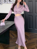 Taooba  party look inspos Korean Solid Two-Pieces Set for Women Elegant V-Neck Long Sleeve Pleated Shirt Tops High Waist Slim A-Line Mermaid Skirt Suits