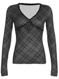 Taooba party outfit  Rockmore Gothic Stripe Plaid T-shirt Women Slim Long Sleeve V-Neck Top Autumn Elegant Harajuku Y2K Aesthetic Bow Lace Pullover