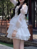 Taooba  party look inspos Japanese Lolita White Sweet Fairy Dress Women Bow Square Collar Kawaii Party Mini Dress Female Autumn Casual Fashion Chic Dress