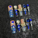 Taooba Christmas Nail  10Pcs Blue Handmade Butterfly Press on Nails Long False Nails Decoration with Rhinestones French Wearable Fake Nails Tips Art