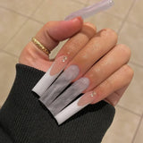 Taooba 24Pcs Long Ballerina False Nails Press on Nails Serpentine Flower with Rhinestones French Fake Nails Wearable White Nail Tips