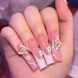 Taooba Christmas Nail  24Pcs Pink Ballet False Nails Long Coffin Butterfly with French Rhinestones Wearable Fake Nails Glitter Press on Nails Tips Art