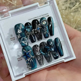 Taooba Christmas nail 10Pcs Handmade False Nails with Rose Butterfly Rhinestone Design Long Ballet Full Cover Fake Nails Wearable Coffin Press on Nail