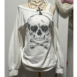 Taooba party outfit  American Harajuku Off The Shoulder Sling Loose T Shirts Y2k Aesthetic Skull Print Long Sleeve Spring Sweatshirts Punk Clothes