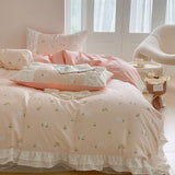 Taooba- Dobby Print ruffle lace bedding set floral gentle cotton queen bedding set simple bed sheets quilt cover bedding princess linen