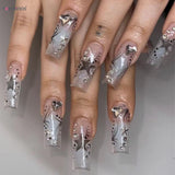 Taooba Christmas nail 24Pcs Y2K Nails Tips Long Coffin Star Designs Diamond Fake Nails Full Cover Press on Nail Clear Acrylic Stick-on Nails for Girls