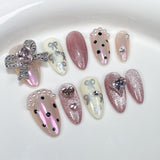 Taooba Christmas nail 10Pc Sweet Cool Colorful Press On Nails 3D Butterfly Metal Design Fake Nails Almond False Nail Full Cover Wearable Manicure Tips