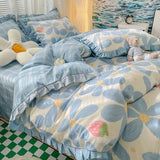 Taooba-Lovely Princess Flower Print Ruffles Bedding Set 100% Cotton Cute Girls Duvet Cover Set with Bed Sheet Kawaii Bedding Sets Soft