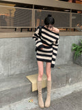 Taooba  party look inspos Striped Knitted Suits Women Casual 2 Piece Dress Set Female Y2k Clothing Korean Fashion Sweater Dress Office Lady 2025 Autumn