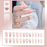 Taooba 24pcs/box Fake Nails Press on Reusable with Designs Set French Artificial Aurora Diamond False Tipsy Stick-on Nails Tips Art