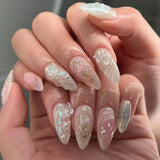 Taooba Christmas nail 24Pcs Short Round Head Pink Fake Nails with Rose Flowers leaf Pattern Wearable Almond False Nail Full Cover Press on Nails Tips