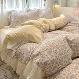 Taooba Christmas Gift Bedding Set Korean Style 2024 New  Small Floral Water Washed Cotton Lace Duvet Cover Set Queen Size