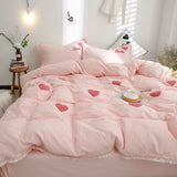 Taooba-Sweet All Cotton Washed Cotton Four-Piece Embroidered Pure Cotton Bed Sheet Duvet Cover Girl's Heart Princess Style Pink Bedding