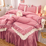 Taooba Christmas Gift Pink Lace Ruffle Bedding Set Luxury Bed Skirt Sheet Bedspread Korean Duvet Cover Girls Princess Bedspread Pillowcases