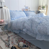 Taooba Christmas Gift Quilt Cover INS Girl Blue Solid Color Seersucker Ruffles Lace Bedding Set Kawaii  Soft Sheet Woman Duvet Cover Pillow Covers