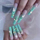 Taooba Christmas Nail  24Pcs Long Coffin False Nails Ballet French with Rhinestones Wearable Fake Nails Blue Flower Full Cover Press on Nails Tips Art