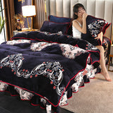 Taooba-4pcs Set Winter Warm Thicken Short Plush Bedding Set Printing Flannel Duvet Cover Flat Sheet Pillowcase King Queen Bedding Set