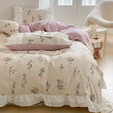 Taooba- Dobby Print ruffle lace bedding set floral gentle cotton queen bedding set simple bed sheets quilt cover bedding princess linen