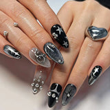 Taooba Punk Cool Style Black Flame Love Heart Press on Nails Butterfly Star Long Pointed False Nails Art Fake Nails Charms Y2K Manicure