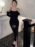 Taooba  party look inspos Women Sexy Bodycon Black Knitted Party Dress Autumn Elegant Slash Neck Spaghetti Strap Dresses Mermaid Vestidos Mujer Prom Robe