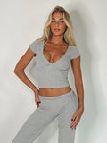 Taooba- Two Piece Solid Color V-Neck Crop Top and Pants Set