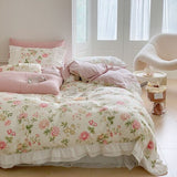 Taooba- Dobby Print ruffle lace bedding set floral gentle cotton queen bedding set simple bed sheets quilt cover bedding princess linen