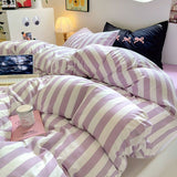 Taooba Christmas Gift Korean Bedding Set INS Girls Striped  Soft Washed Cotton Bed Sheet Set Queen King Size Comforter Set Pillowcase Bed Linens