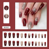 Taooba women’s fall fashion 2024 Flash Gold Pink Wine Red Bridal Manicure Mid-Length Fake Nails Holiday New Year Wear Nail Ins Style