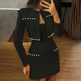 Taooba Christmas Gift outfit   Pearl Dress Sets Women Autumn Long Sleeve Coat And Mini Dress Two Piece Sets Femme Sexy Strapless Dress Matching Sets