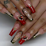 Taooba 24Pcs Red Heart False Nails Long Luxury with French Design Rhinestone Wearable Fake Nail Simple Decoration Press on Nail Tips