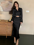 Taooba  party look inspos Korea Style Elegant 2 Piece Set Women Autumn Sexy V-neck Lace Patchwork Shirt Top Slim Waist Mermaid Skirt Suit Female Outfit