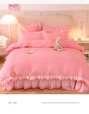 Taooba Christmas Gift Pink Princess Girls Ruffle Lace Bedding Sets Luxury Quilt Cover Bed Sheet and Pillowcases Soft Bedclothes Decor Home