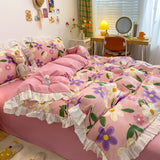 Taooba-Kawaii Rainbow Bedding Set Cotton Twin Full Queen Size Strawberry Flower Hearts Cute Fitted Bed Sheet Pillowcases Duvet Cover