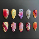 Taooba 10Pcs Handmade Manicure Medium Almond Fake Nails New Cute 3D Limited Nails Press On Nails Design with Adhesive Nail File Set