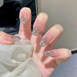 24pcs/bag Handmade Wearing Armor Fake Nails Press On Nail Tips Full Cover False Nails Oval Butterfly Glitter Nail Art Sculpted