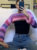 Taooba Christmas Gift outfit  Y2K Knitted Long Sleeve Pullovers Crop Tops Striped Crochet See Through Sweaters Harajuku Vintage Streetwear Jumpers