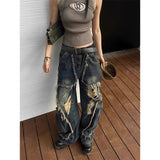 Taooba party outfit  Women's Blue Gothic Y2k Cargo Jeans Harajuku 2000s Trashy Ripped Denim Trousers Streetwear Baggy Jean Pants Vintage Emo Clothes