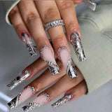 Taooba 24Pcs Long Coffin False Nails Butterfly Ballet with Rhinestone French Fake Nails Wearable Press on Nails Full Cover Nail Tips