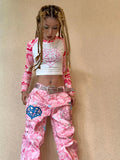 Taooba Pink camouflage cartoon pattern straight Y2K jeans womens street hip hop design niche hot girl street wide leg baggy pants 2000s